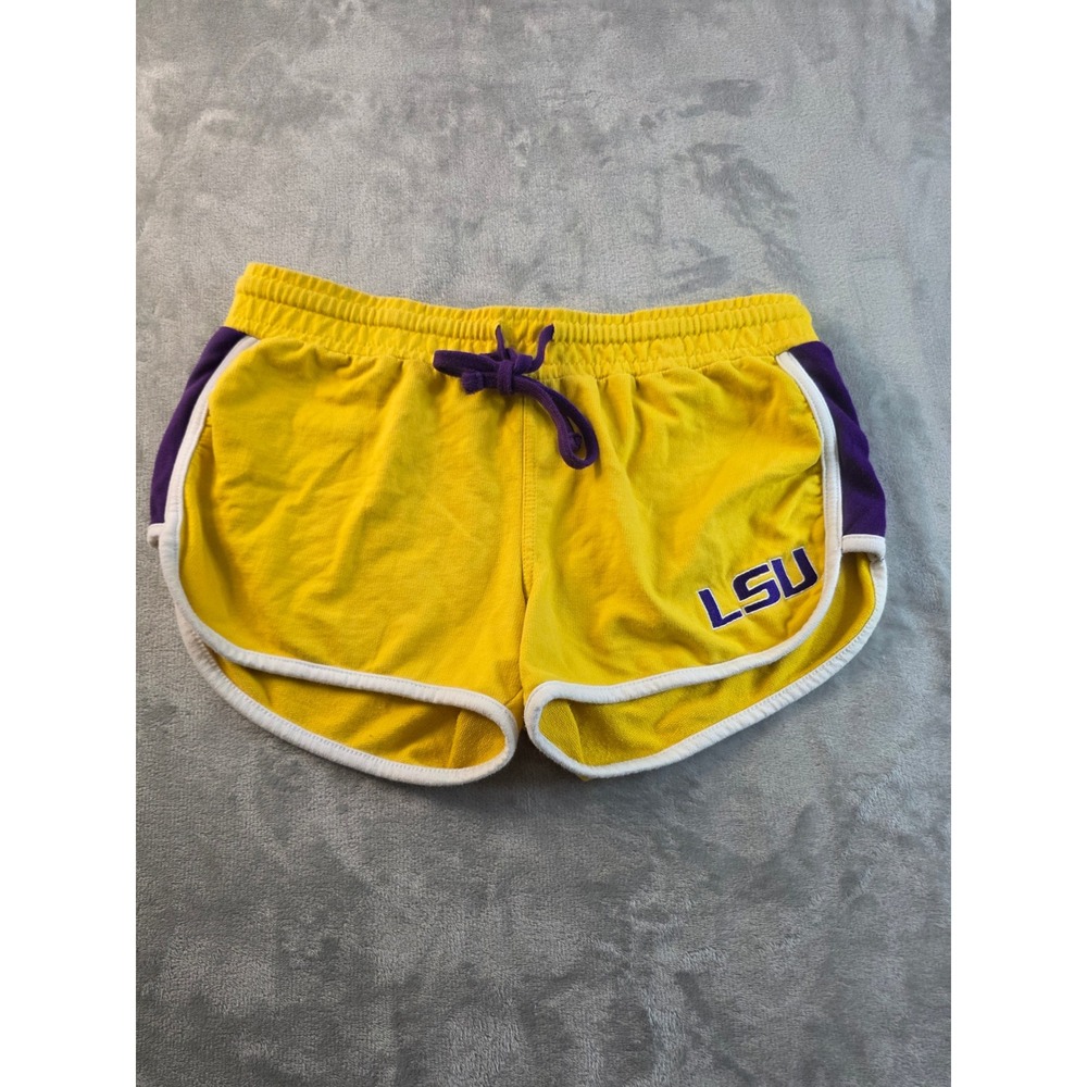 E5 LSU Tigers Shorts Womens Large Yellow Purple NCAA Dolphin Athletic
